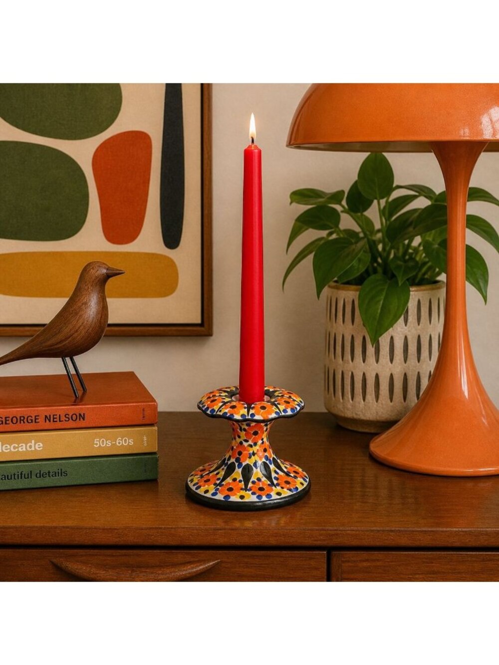Vintage Czech Art Deco Hand Painted Ceramic Candle Holder Floral Boho Pedestal